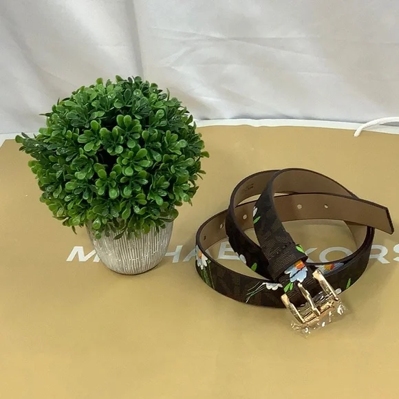 Michael Kors Brown Leather Stitched Floral Belt Wide XLG MICHAEL KORS Women main image 3